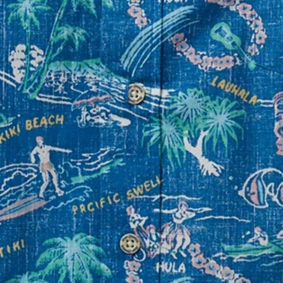 Reyn Spooner Hawaiian Shirt Mens 2XL Surfer Fish Hula Girl Surf Palm Trees Ocean - Picture 1 of 13